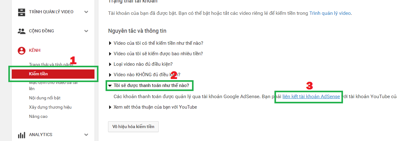 Liên kết tài khoảng AdSense để nhận tiền Youtube