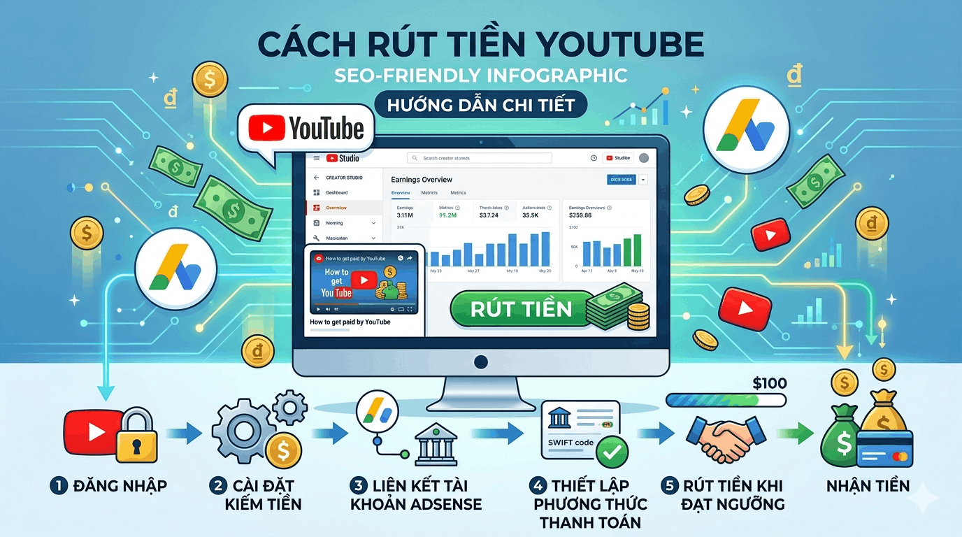 Cách Rút Tiền Youtube Mới Nhất 2026: Hướng Dẫn Chi Tiết Từ A-Z Cho Người Mới